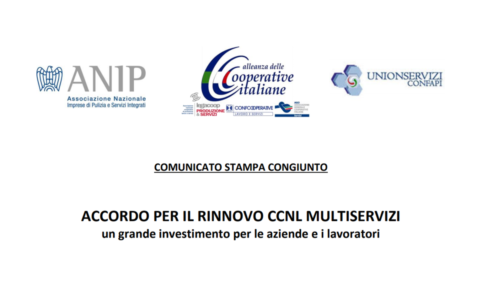 ACCORDO PER IL RINNOVO CCNL MULTISERVIZI, un grande investimento per le