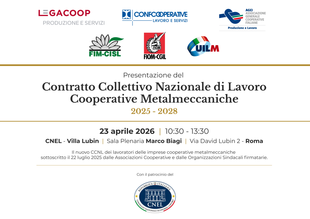 Il 23 aprile al CNEL la presentazione ufficiale del volume del CCNL Cooperative Metalmeccaniche