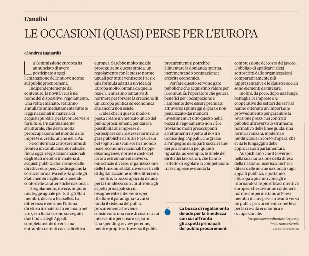 Public Procurement Act, sul Sole 24 Ore l’analisi di Andrea Laguardia: “Le occasioni (quasi) perse per l’Europa”